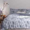 Cotton Comforter Queen Size Set  Light Grey Blue Botanical Floral Bedding, Soft & Breathable, All-Season Down-Alternative Fill, Includes 1 Comforter & 2 Pillow Shams