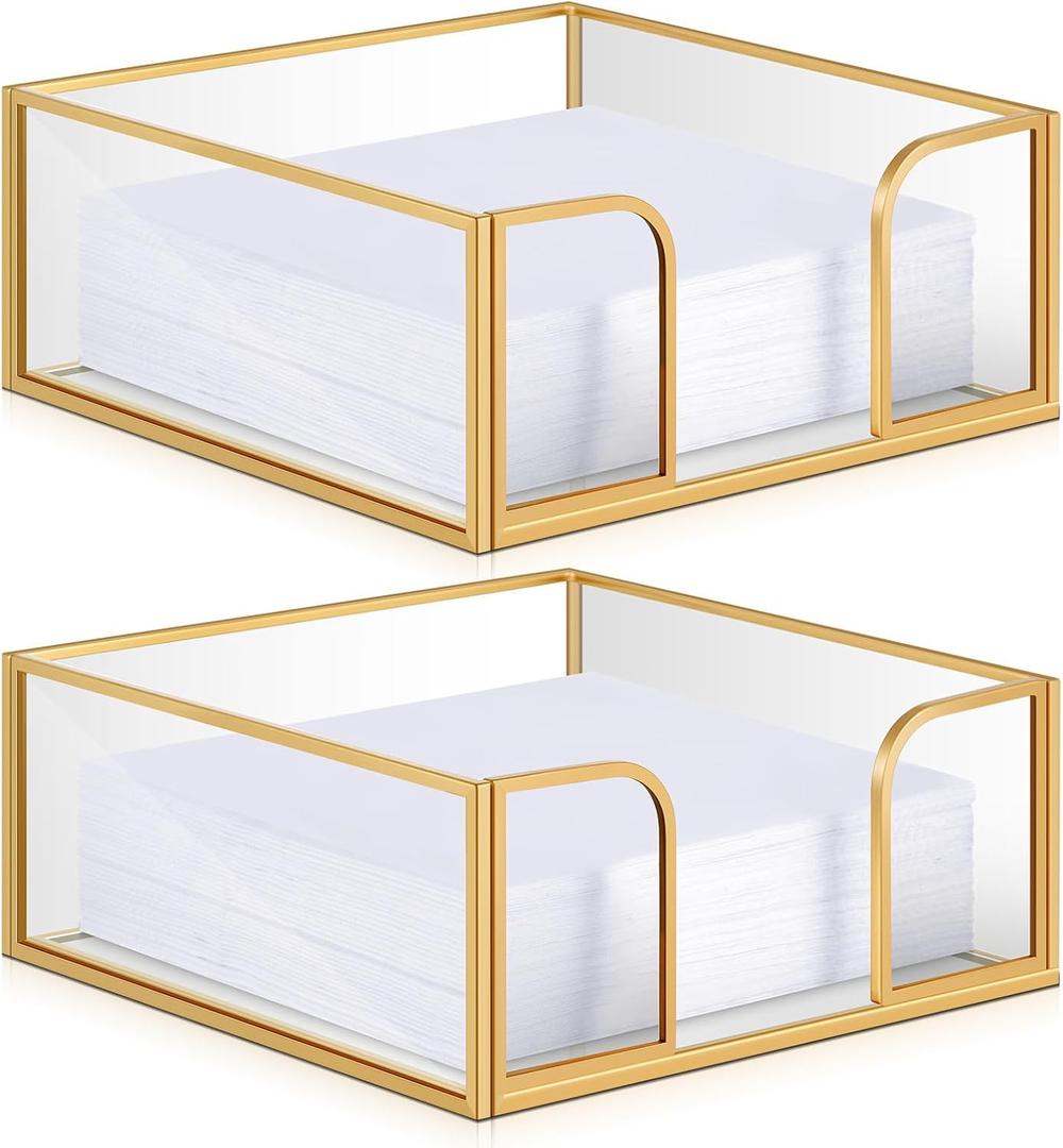 LemonRoad 2 Pcs square Gold Napkin Holder for Table 5.7 x 5.7 Inch Decorative Cocktail Napkin Holder Glass Flat Paper Basket for Kitchen Dining Buffet Bar Counter Wedding Party Restaurant Bar Hotel (Classic)