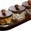 Round Glass Snackle Box Container Snack Organizer and Fruit Platter with Acacia Wood Lids and Tray Divided Serving Tray for Nuts Candy Dry Fruits (3 Jars)