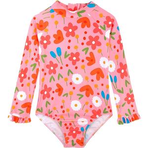 Long Sleeve One Piece Ruffle Swimsuit for Toddler Girls Baby Girl Rashguard Shirt with UPF 50+ Sun Protection (5-6 Years, Pinkplant)