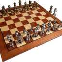 Hayes Inlaid Maple, Mahogany, and Sapele Wood Chess Board with Metal Pieces, 2.5 Inch King, and Extra Queens (Large 15 x 15 Inch Set)
