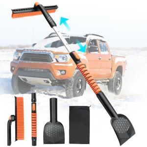 45.6" Ice Scraper and Snow Brush for Car Windshield [Silicone Bristles] ,3-in-1 Extendable Emergency Snow Shovel with Ergonomic Foam Grip and 360 Pivoting Brush Head for Christmas Car Auto Truck SUV (Orange)