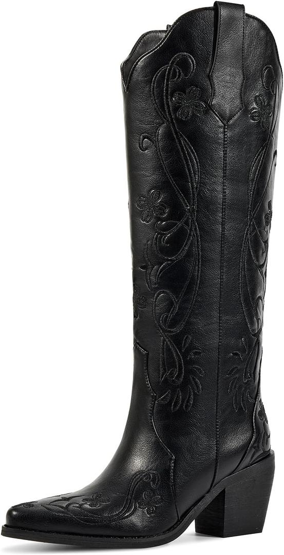 wetkiss Cowboy Boots for Women Knee High Cowgirl Boots, Western Boots with Floral Embroidered Pointed Toe Chunky Heel Pull On Retro Vintage Classic Tall Boots for Ladies (8)
