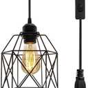 Industrial Plug in Pendant Light, Black Cage Pendant Light Fixture with On/Off Switch, E26 Socket Vintage Hanging Light, Farmhouse Pendant Lighting for Kitchen Living Room Dining Room