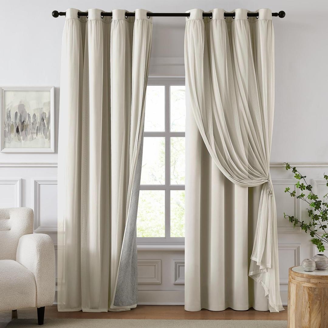 100% Blackout Curtains for Bedroom, Double Layer Ivory Curtains, Black Out Curtain 96 inch Long with Sheer Overlay for Living Room, Room Darkening Window Drapes with Grommet, 52" W x 96" L