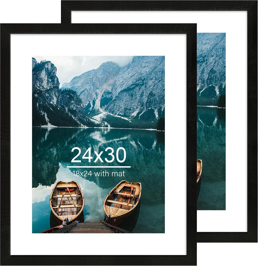 Hongkee 24x30 Frame Set of 2, Rustic Black Wood Style - Display 18x24 Picture Frame with Mat or 24 x 30 Poster without Mat, Wall Mounting Horizontal and Vertical