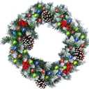 Christmas Wreath,Prelit Christmas Wreath for Front Door Outside,with Pine Cones, Red Berries,Lighted Farmhouse,50 LED Porch Decor(18 in)