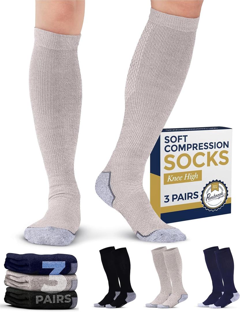 Pembrook Light Compression Socks for Men & Women - 3 Pairs | 8-15 mmhg Compression Dress Socks for Men | Support Socks (Large, Black/Tan/Navy - 3 Pairs)