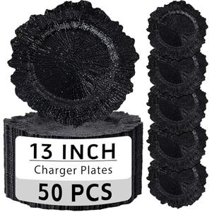 ejonirinjonir EI 50pcs Black Charger Plates With Reef High-end,13 Inch Black Chargers Heavy duty for Dinner Plates, Decorative Plate for Afternoon Tea,Wedding,Events,Business Events,Hotel Banquets