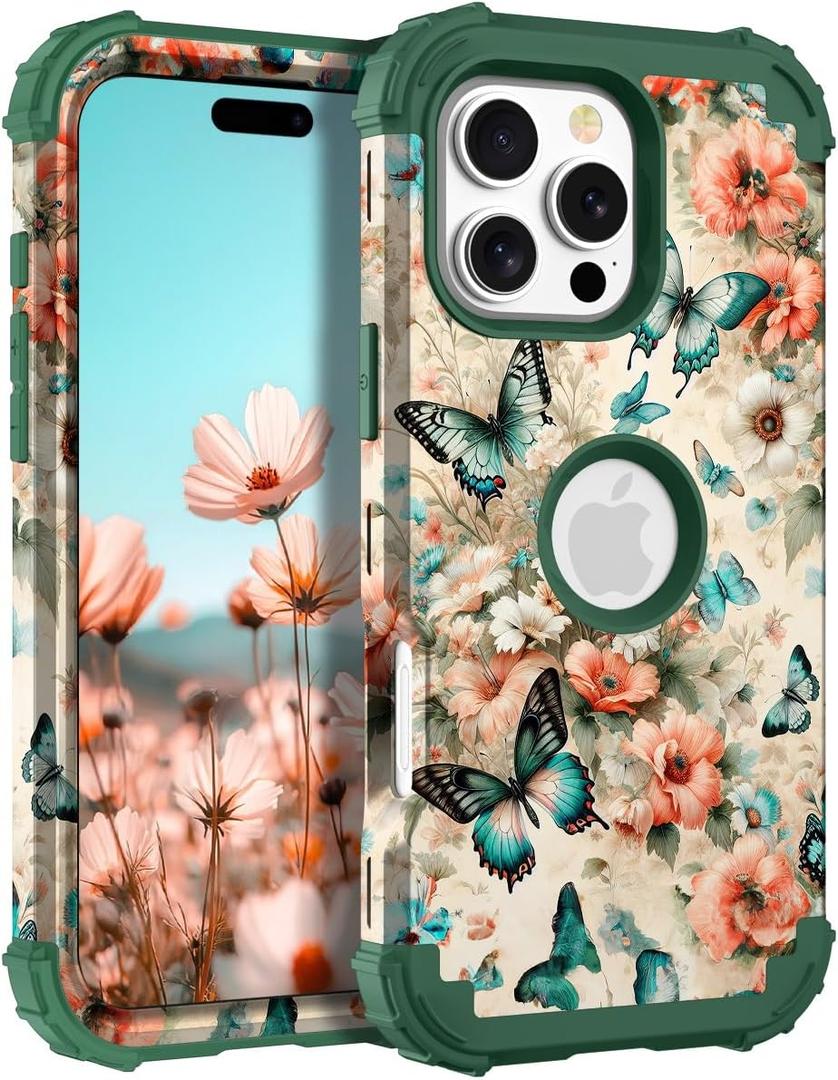 Hocase for iPhone 16 Pro Max Case, Heavy Duty Shockproof Protection Soft Silicone Rubber+Hard Plastic Bumpers Hybrid Protective Case for iPhone 16 Pro Max 2024 - Teal Green Butterflies