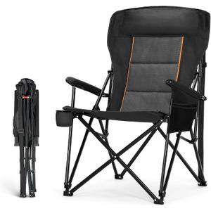 HIGH POINT SPORTS Oversized Folding Camping Chairs for Adults, High Backrest Heavy Duty Lawn Chairs Support 500 LBS Portable Collapsible Camp Chairs with Cup Holders,Side Pocket, Black