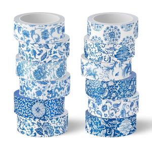 Whaline 12 Rolls Blue Floral Washi Tape Chinoiserie Flower Washi Tape Vintage Masking Decorative Gift Wrapping Paper Tape for DIY Craft Scrapbook Envelope Party Favor Supplies