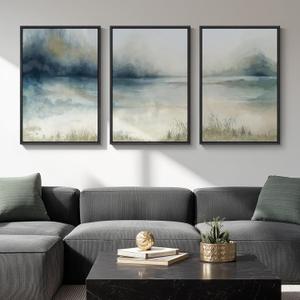 Large Framed Abstract Landscape Wall Art, 3 Piece Blue Watercolor Canvas Prints Paintings Artwork for Walls, Misty Lake Mountain Nature Pictures for Living Room Entryway Bedroom Wall Decor 20x30 In