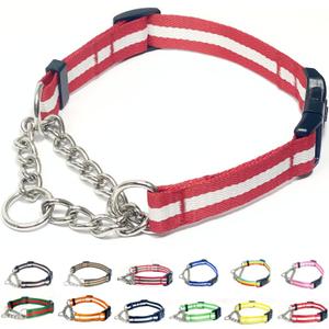 Martingale Collar for Dogs,Adjustable Nylon Collars with Quick Release Buckle,Multicolor Stripe,Stainless Steel Chain NO Pull Training Collars for Samll Medium Large Dogs(Red and White,L) (L-(Dogs neck 21-27inches))
