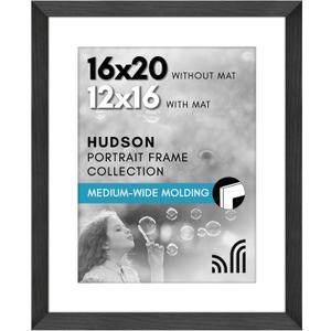 Americanflat 16x20 Picture Frame with Polished Plexiglass - Use as 12x16 Frame with Mat or Display 16x20 Photo Without Mat - Hudson Collection - Wide Picture Frames for Wall Display - Black