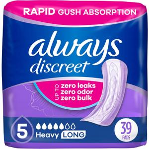 Always Discreet Adult Incontinence Pads for Women, Drier, 5 Drop Long Length, Heavy Absorbency, Pads for Bladder Control Management, Bladder Leaks, & Postpartum Pads, 39ct