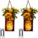 OurWarm Sunflower Wall Sconces Set of Two, Mason Jar Sconces Farmhouse Wall Decor Comes with Remote Control and Warm Toned LED Lights, Rustic Sunflower Decor for Home Kitchen Dining Room Living Room