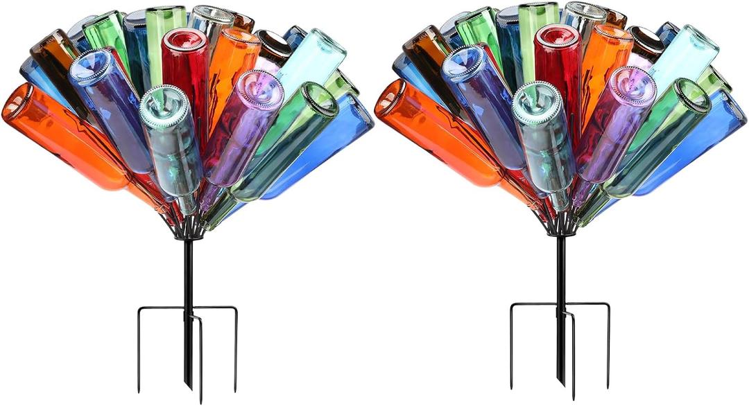 2 Pcs 24 Metal Wine Bottle Tree Garden Outside 24 Inches Decorative Colorful Glass Bottle Holders Artificial Rustproof Display Stand Garden Art for Lawn Yard Outdoor Decor