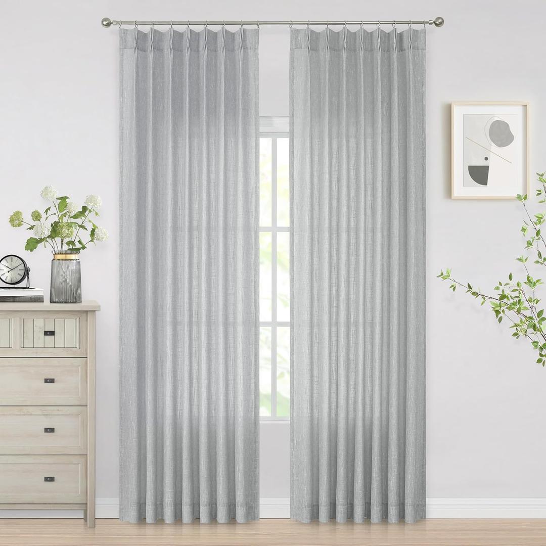 Vision Home Gray Pinch Pleated Semi Sheer Curtains Textured Light Filtering Window Curtains 95 inches for Living Room Bedroom Silver Grey Pinch Pleat Drapes with Hooks Back Tabs 2 Panels 40" Wx95 L