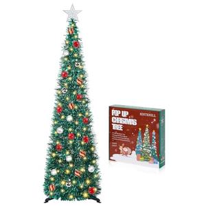 SINTENILL 5 FT Pop Up Christmas Tree with Timer Lights and Decorations, Green Tinsel Artificial Christmas Tree with 24 Balls Ornaments, Collapsible Pencil Tree for Xmas Home Office Party Decor