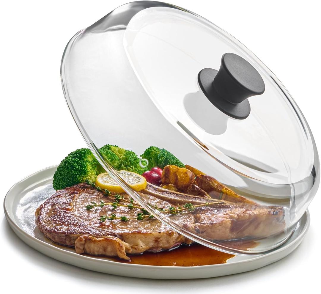 Le'raze 10inch Glass Microwave Splatter Cover for Food - 100% Food Grade BPA & Lead Free - Dishwasher Safe - Cookware & Bakeware Serving Dish Plate Mess Guard Lid with Easy Grip Silicone Handle Knob