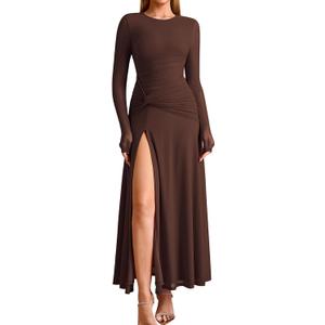 KUTUMAI Long Sleeve Slit Formal Dresses for Women 2025 Fall Wedding Guest Cocktail Party Modest Ruched Maxi Dress, Large