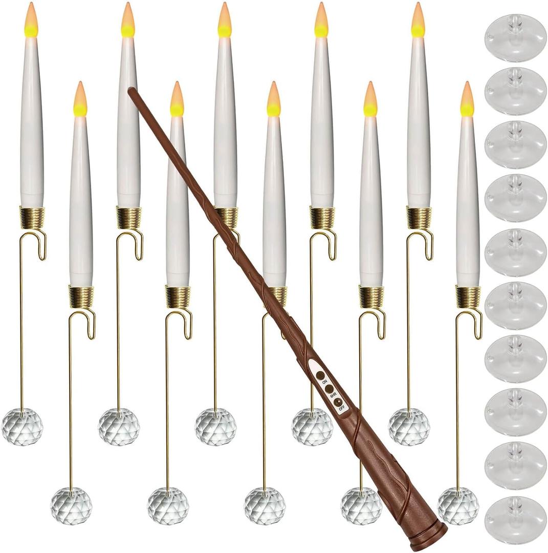 Christmas Tree Candles-Wand Remote-Crystal Ball Hooks-Suction Cups, 10 Pcs Battery Operated Window Candles, Flickering Warm Light, Xmas Home Ornaments, Wedding Party Decorations