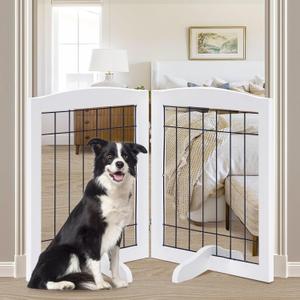LZRS 2-Panel Freestanding Adjustable Wooden Dog Gate30 Tall Foldable Pet Barrier with Support Feet, Solid Hardwood & Chew-Resistant Steel Wire for Doorways, Hallways, and Stairs, White