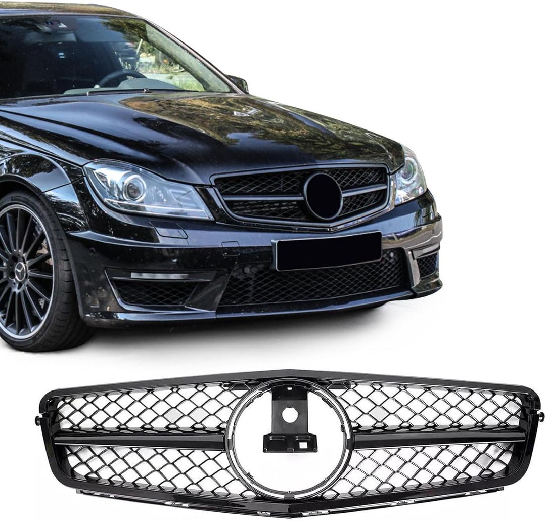 Front Grill Grille for 2008-2014 Mercedes W204 C-Class C250 C300 C350 AMG Style Gloss Black Direct Fit Replacement ABS Plastic No Modification Required
