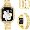 Mosonio Compatible with Apple Watch Band 38mm 40mm 41mm 42mm 44mm 45mm 46mm 49mm with 2 Pack Case Women, Jewelry Replacement Metal Bands Strap with Bling PC Protective Case for iWatch Ultra SE Series 10/9/8/7/6/5/4/3/2/1 (AA-gold)