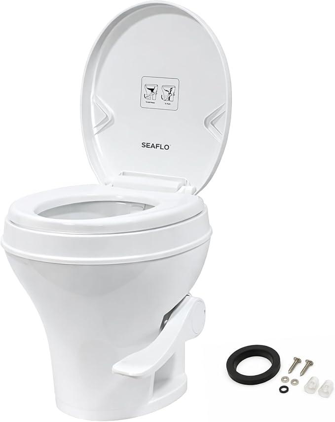 SEAFLO RV Toilet, Residential Height 18.4", Gravity Flush Foot Pedal, Soft Close Seat, Camper Toilet for RV Motorhome Travel Trailer, White, SFRTPH-01-01