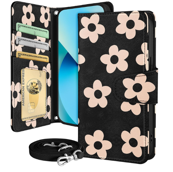 Buleens for iPhone 13 Wallet Case for Women - with Card Holder for iPhone 13 Flip Case Leather Crossbody Cute Aesthetic i Phone 13 Case with Strap Kickstand for Girls Girly, Flower Mogu