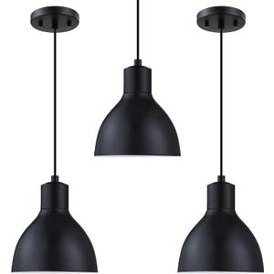 3 Pack 1 Light Industrial Hanging Indoor 7.3" Kitchen Island Pendant Ceiling Light Fixtures Black Finish,Drum Metal Shade for Bar Dining Room Living Room Over Sink