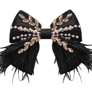 CROWN GUIDE Large Hair Bows Clips for Women Girls Silk Satin Hair Barrettes, Feather Coquette Bows Hair Ties Ribbon Bow Claw Clip Hair Accessories with Pearl Crystal Black