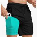 Yufawow Men Swim Trunks with Compression 7 Inches Breathable Liner Quick Dry Zipper Pockets for Board Beach Gym Running, L