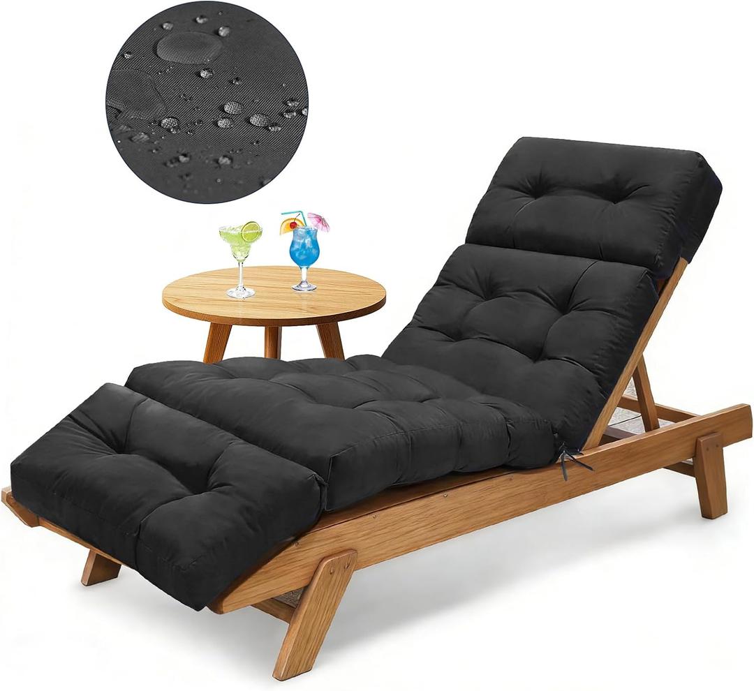 Outdoor Chaise Lounge Chair Cushion 74.2 x 22 x 4.7 Inches Thickened 100% Waterproof Oxford Patio Lounge Chair Cushions, Pool Lounger Cushions Replacement for Outdoor Furniture with Ties, Black