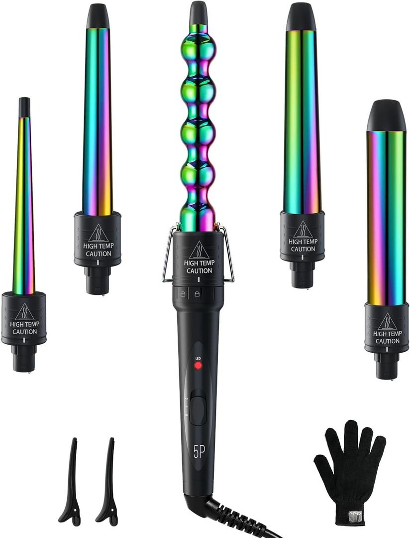 5 in 1 Curling Wand Set: Ohuhu Curling Iron Wand 5Pcs 0.35 to 1.25 Inch Interchangeable Ceramic Barrel Heat Protective Glove 2 Clips Dual Voltage Hair Curler Women Rainbow
