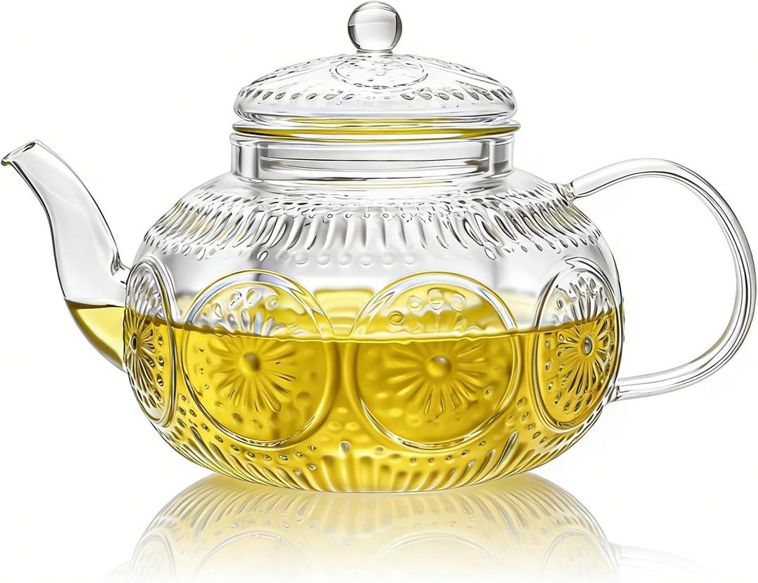 Pumtus Glass Teapot with Removable Infuser, 900 ML/30 OZ Vintage Clear Stovetop Safe Tea Kettle, Embossed Floral Borosilicate Glass Water Pot, Delicate Tea Maker Gift for Blooming Loose Leaf Tea