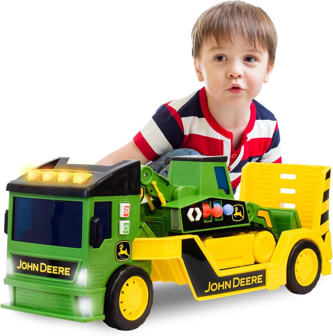 John Deere 2ft Extra Large Mega Mover Dual Joystick Motorized Trucks: Front Loader & Hoe with Trailer, Lights, Sounds Construction Toys for Kids 3+