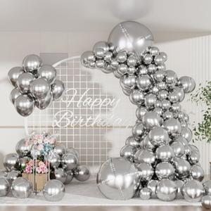 Silver Metallic Balloons Arch Garland Kit 75PCS Shiny Helium Latex Chrome Shiny Different Size Balloon Set for Birthday Anniversary Baby Shower Wedding Party Decorations