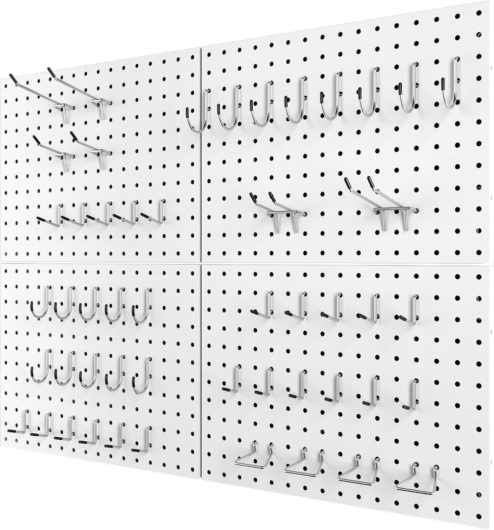 4 Pack Metal Pegboard Panels with 50 Hooks, White Pegboard Wall Organizer, Heavy Duty Steel Garage Tool Storage System for Workbench, Workshop, Office, Craft Room, 16 x 12 Inches
