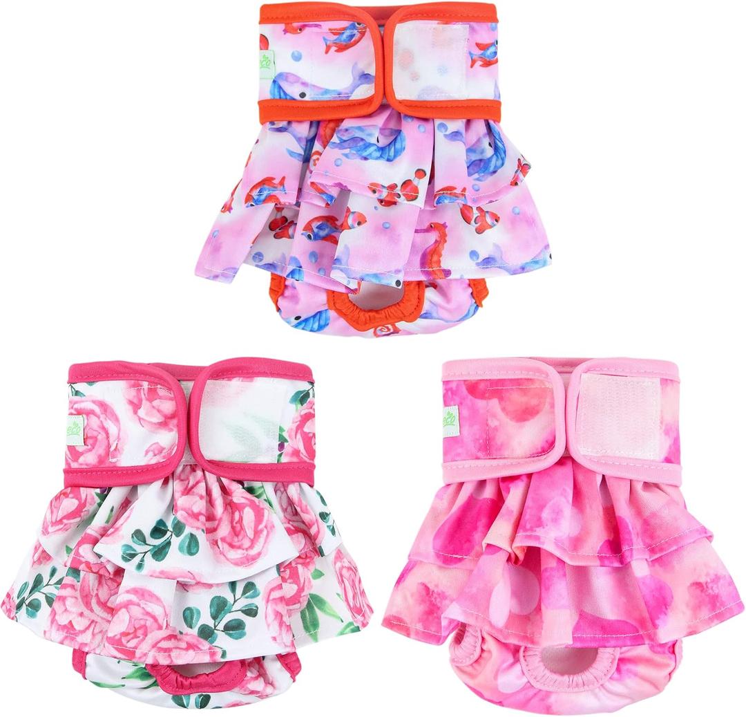 wegreeco Washable Dog Diapers (3 Pack), Highly Absorbent Dog Diapers for Female Dogs in Heat, Period, Incontinence, or Excitable Urination (Ocean of Flowers, Large)