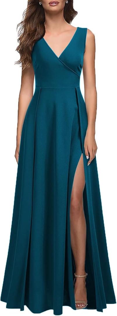 MUSHARE Women's V Neck Sleeveless Split Formal Dress Cocktail Party Prom Long Dresses (Large, Teal Color)