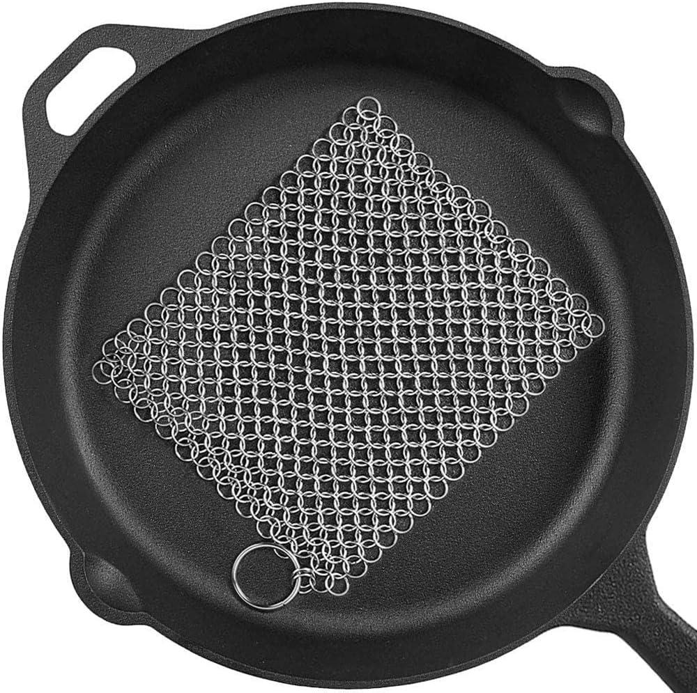 8"x6" Cast Iron Scrubber 304 Stainless Steel Chainmail Cleaner for Pre-Seasoned Pans, Griddles, BBQ Grill Cleaning and Pot Cl eaning