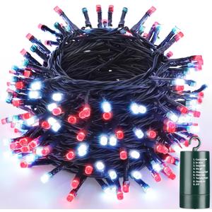 Joomer Battery Christmas Lights, 66ft 200LED Fairy Lights Battery Operated Timer 8 Modes Waterproof for Outdoor Home Garden Party Holiday Christmas Trees Decoration (Red White)