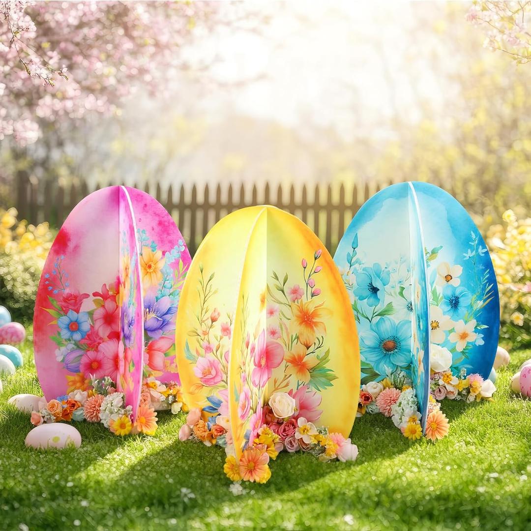 Blulu 3 Pcs Spring Easter Flower Yard Decorations 15.75 x 19.69 Inches Spring Floral Garden Lawn Outdoor Sign 3D Egg Cardboard Standing Porch Sign for Easter Outdoor Front Door Holiday Party Decor