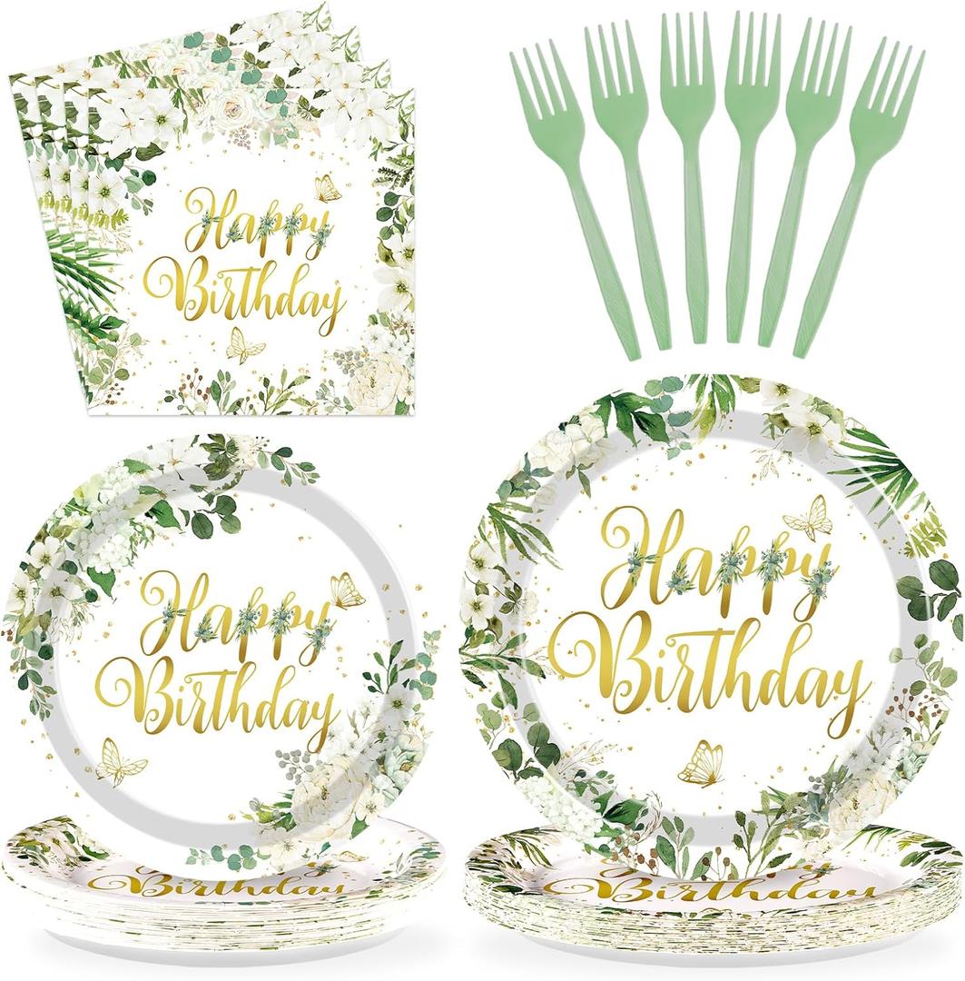 Grencian 96Pcs Sage Green Happy Birthday Party Decorations Retro Green Birthday Plates Eucalyptus and White Flower Paper Plate Disposable Sage Tableware for Baby Shower Party Favors Serves 24