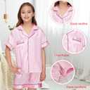 Kids Girl Pajama Set with Headband Blindfold Hair Tie Toddler Boy Girl Satin Silky Button-up Pajama Sleepwear (9-10 Years, Pink-short)