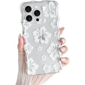 Yeddabox for iPhone 13 Pro Case Hibiscus Flower Floral Wavy Clear Phone Case Soft TPU Slim Shockproof Phone Cover for Women Girls, White
