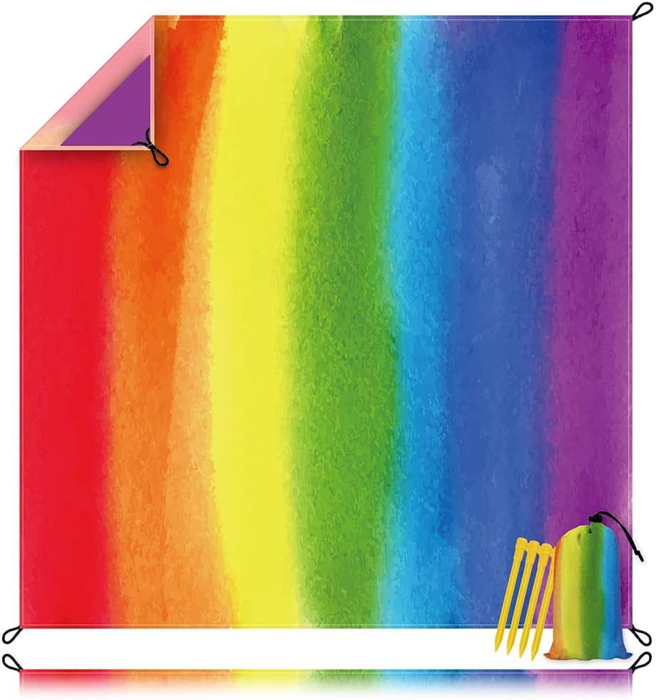Rainbow Watercolor Print Beach Blanket Sandproof Waterpoof Oversized 79"x 95" Beach Mat with Corner Pockets, Lightweight Portable Mat for Beach Festival Travel Picnic Camping Outdoor